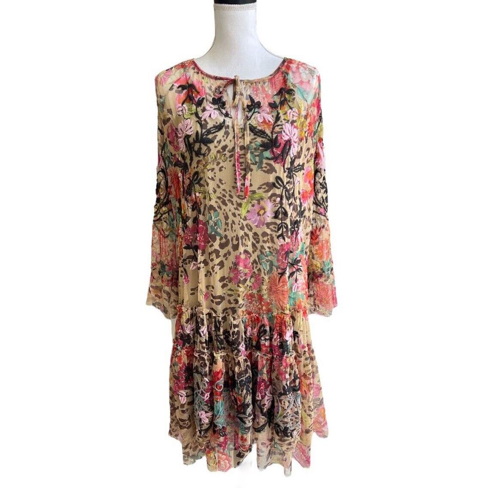 Johnny Was NWT Mazzy Wild Gardenia Mesh Shift Dress Long Slv Embroidered Sz S
